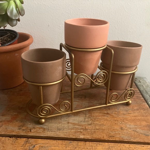 Vintage Other - Boho 3 terracotta Ceramic Mini Planters + Vintage Boho Metal Stand Bronze Gold